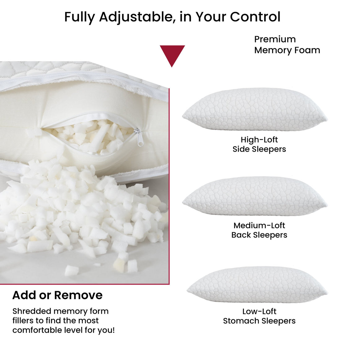 Shredded Memory Foam Pillows - Adjustable Loft for Firm or Soft Support