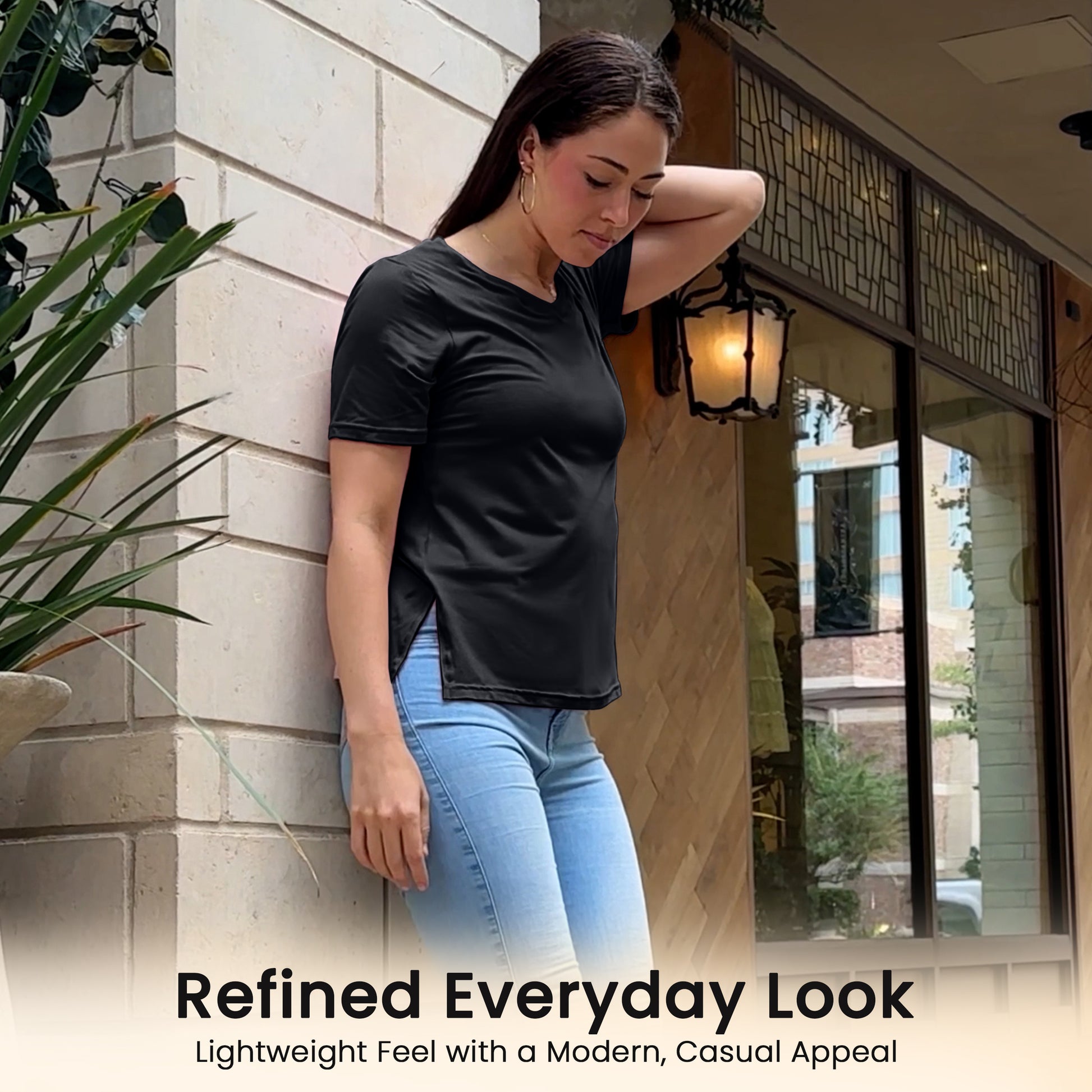 Black Women’s Stretch Performance T-Shirt on a model – Lux Decor