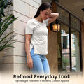 Off White Women’s Stretch Performance T-Shirt on a model – Lux Decor