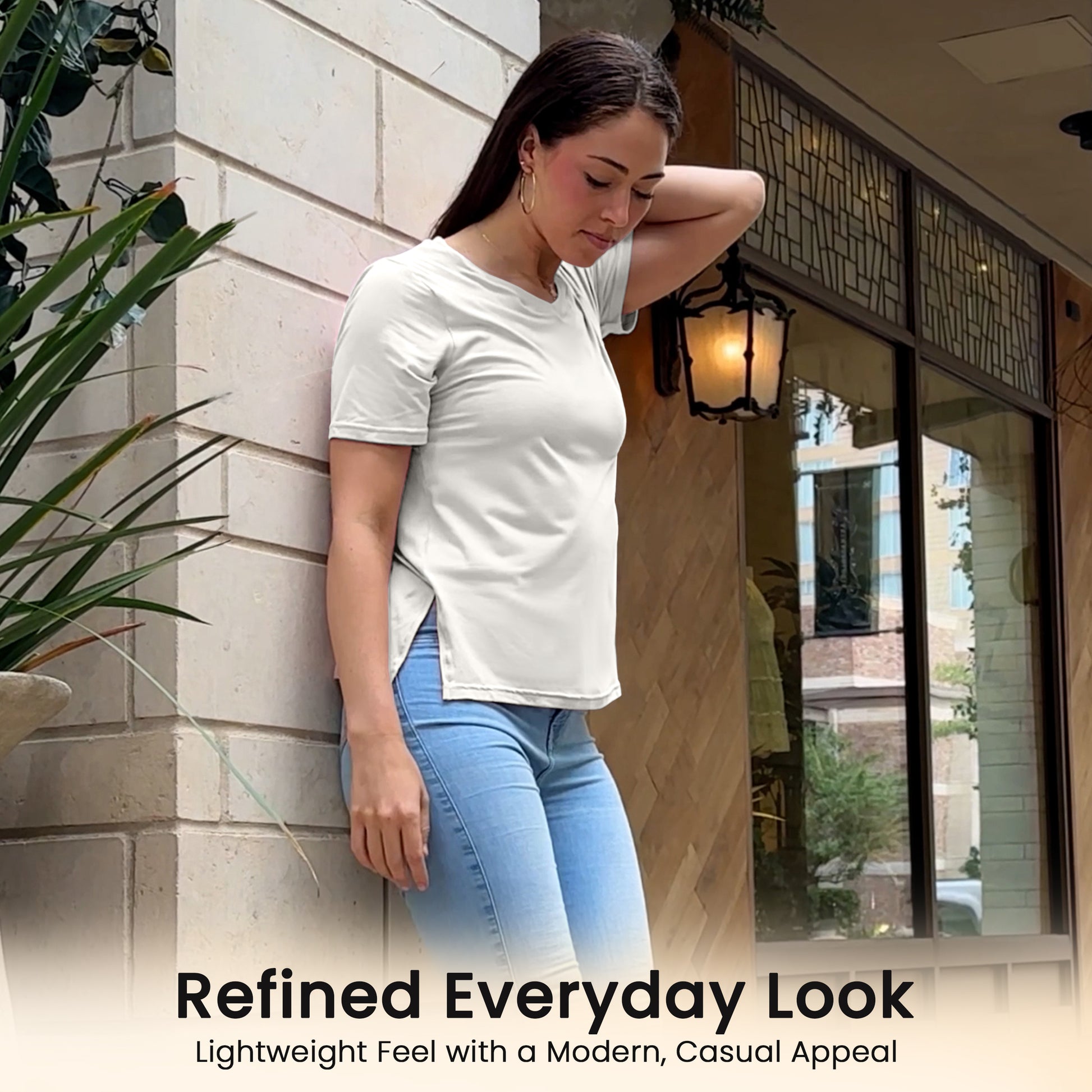 Off White Women’s Stretch Performance T-Shirt on a model – Lux Decor