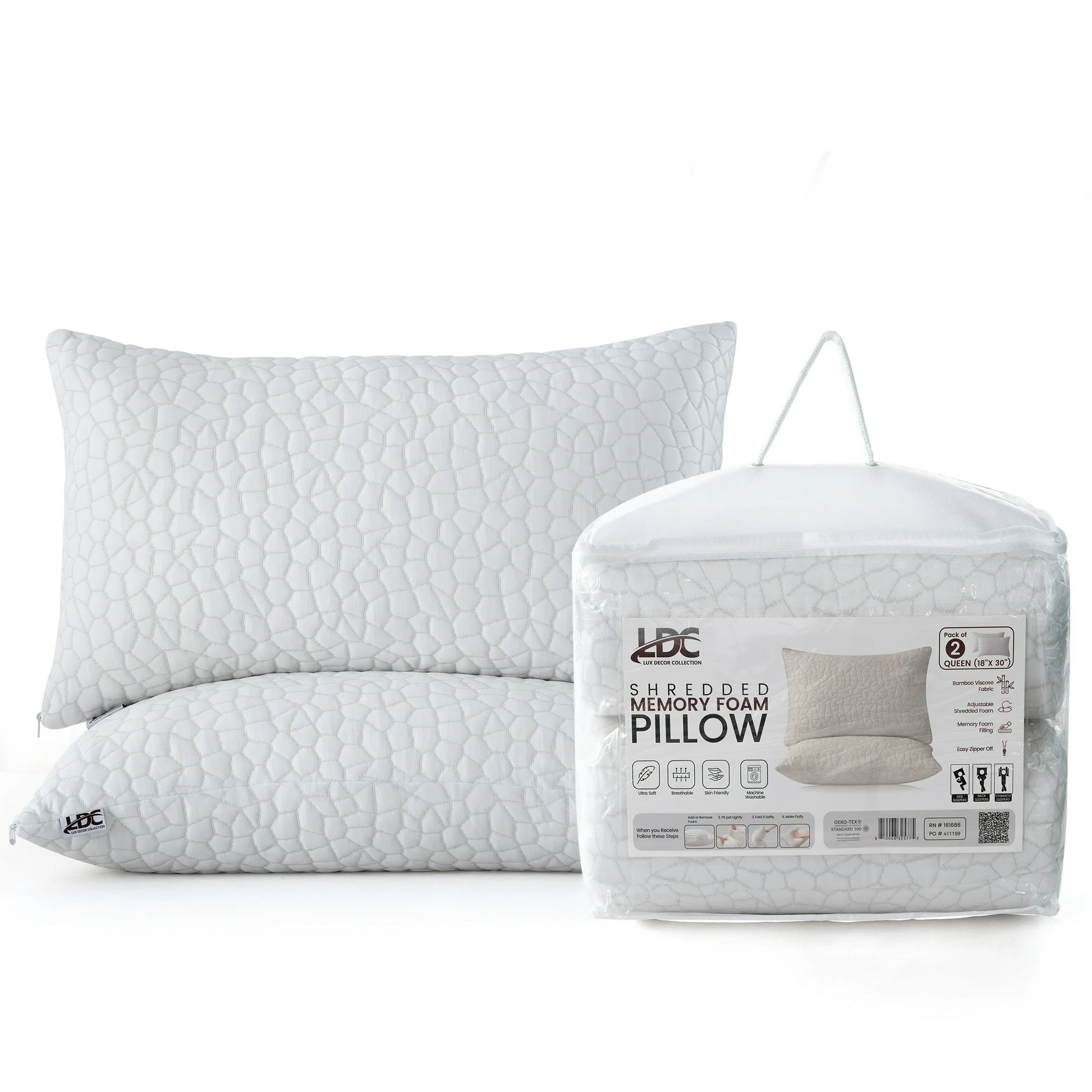 Shredded Memory Foam Pillows 2 Pack with Bamboo Viscose Washable Cover